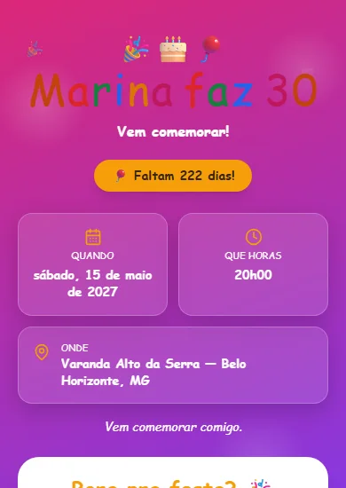 Convite modelo Aniversário Divertido: Cores vivas, confetes, balões e clima de comemoração.