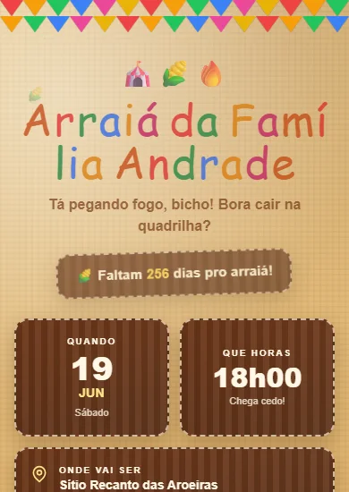 Convite modelo Arraiá Premium: Bandeirinhas, textura de papel e cards de madeira. Festa junina completa.