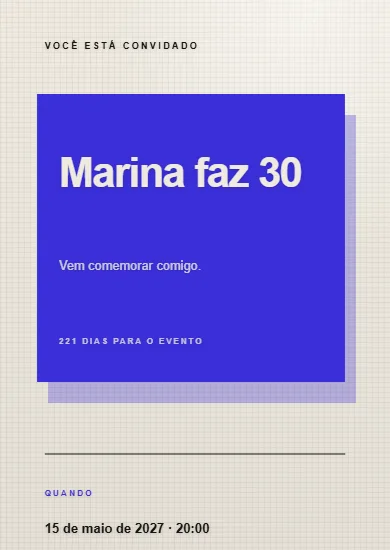 Convite modelo Birthday Modern: Pôster: o nome vira imagem sobre um bloco deslocado de índigo.