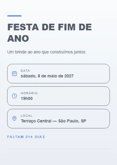 Convite modelo Corporativo Minimal: Limpo e profissional, foco em agenda e local. Tons neutros.