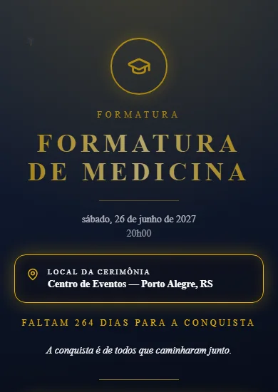 Convite modelo Formatura Premium: Tons escuros e dourados, brasão e clima cerimonial de conquista.
