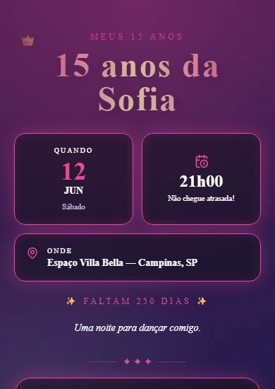 Convite modelo 15 Anos Glamour: Lilás, rosa e dourado com glow, estrelas e brilho de festa.